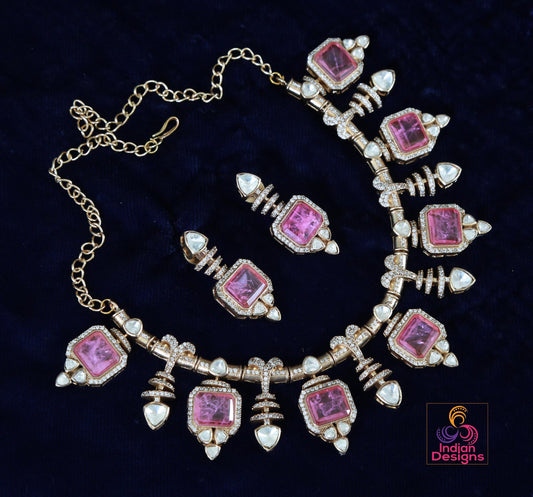 Pink Doublet and Moissanite stone Necklace & Earring Set| Victorian Gold Purple Kundan Sabyasachi Inspired Jewelry| Statement necklace