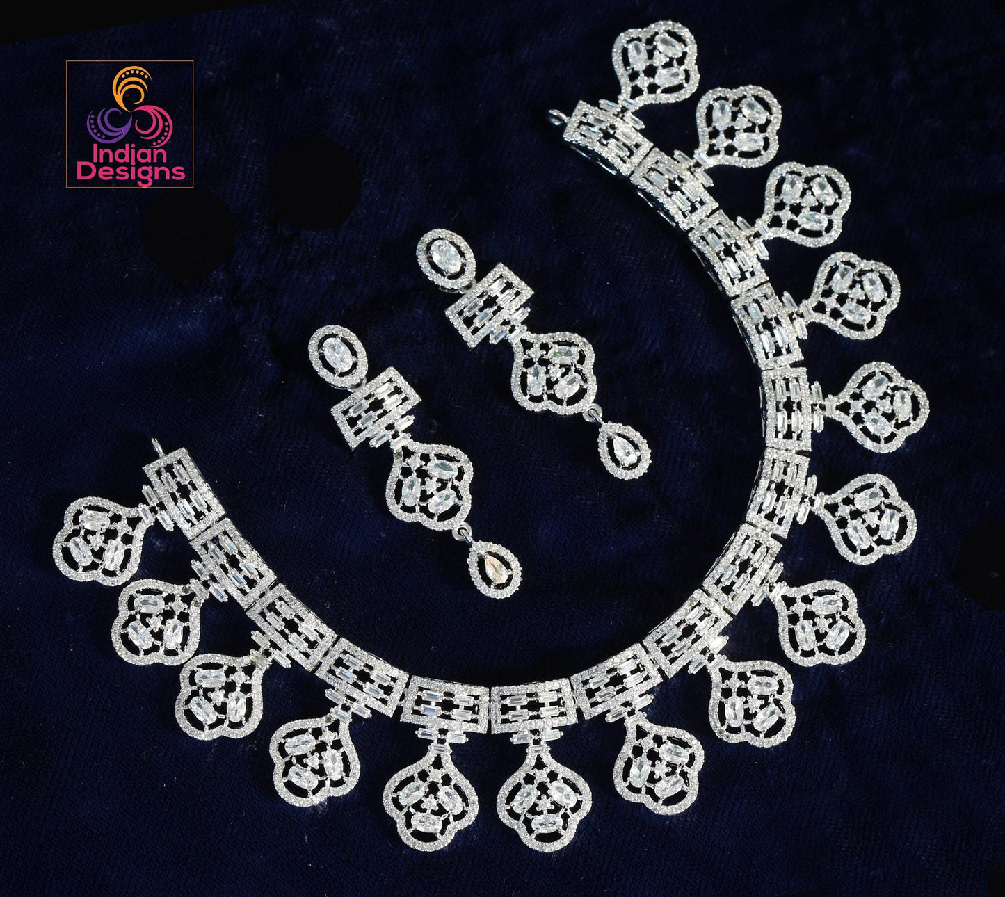 Rhodium Plated Indian American Diamond Cubic Zirconia CZ Bridal Necklace with Matching Eardrops