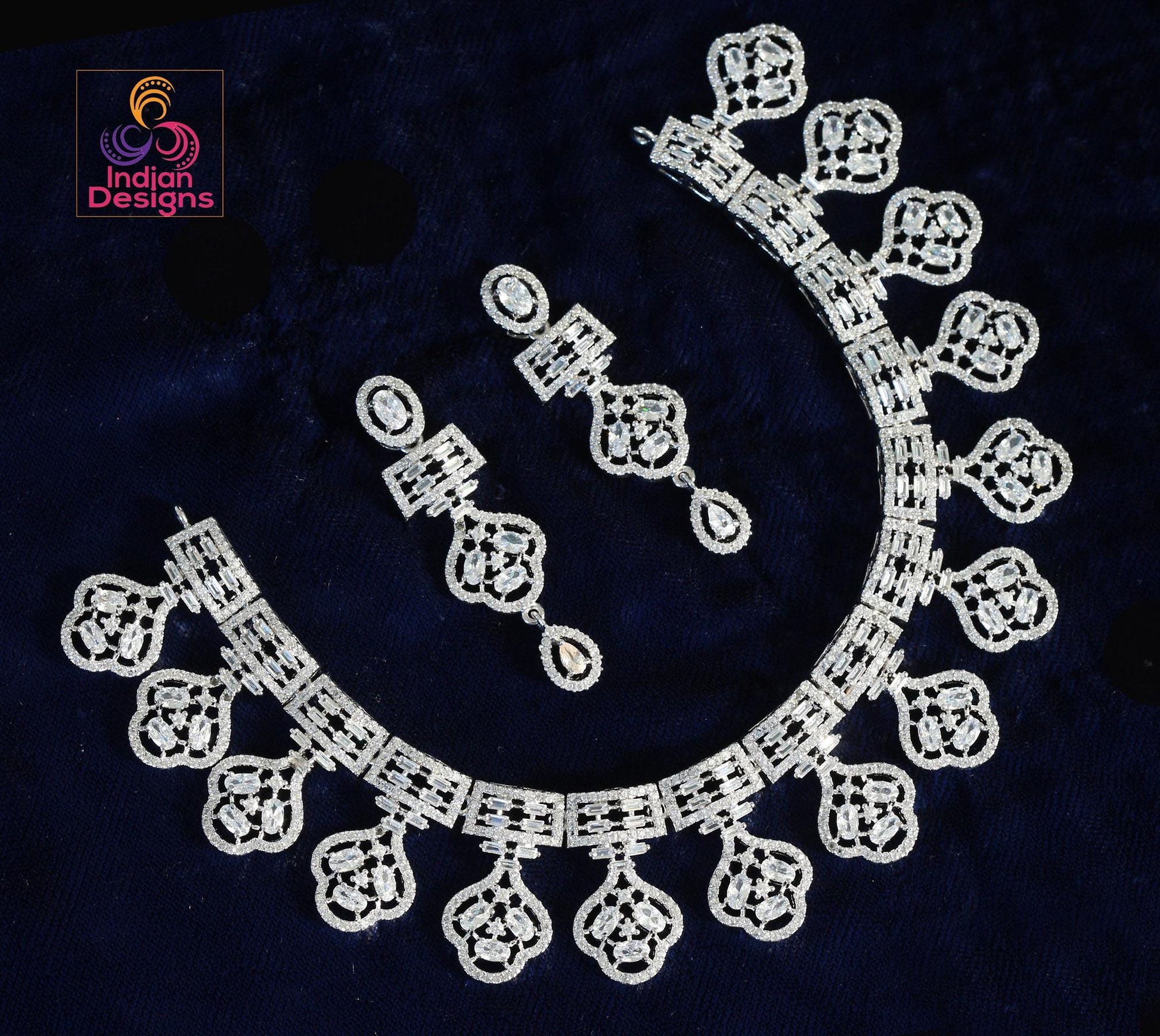 Rhodium Plated Indian American Diamond Cubic Zirconia CZ Bridal Necklace with Matching Eardrops
