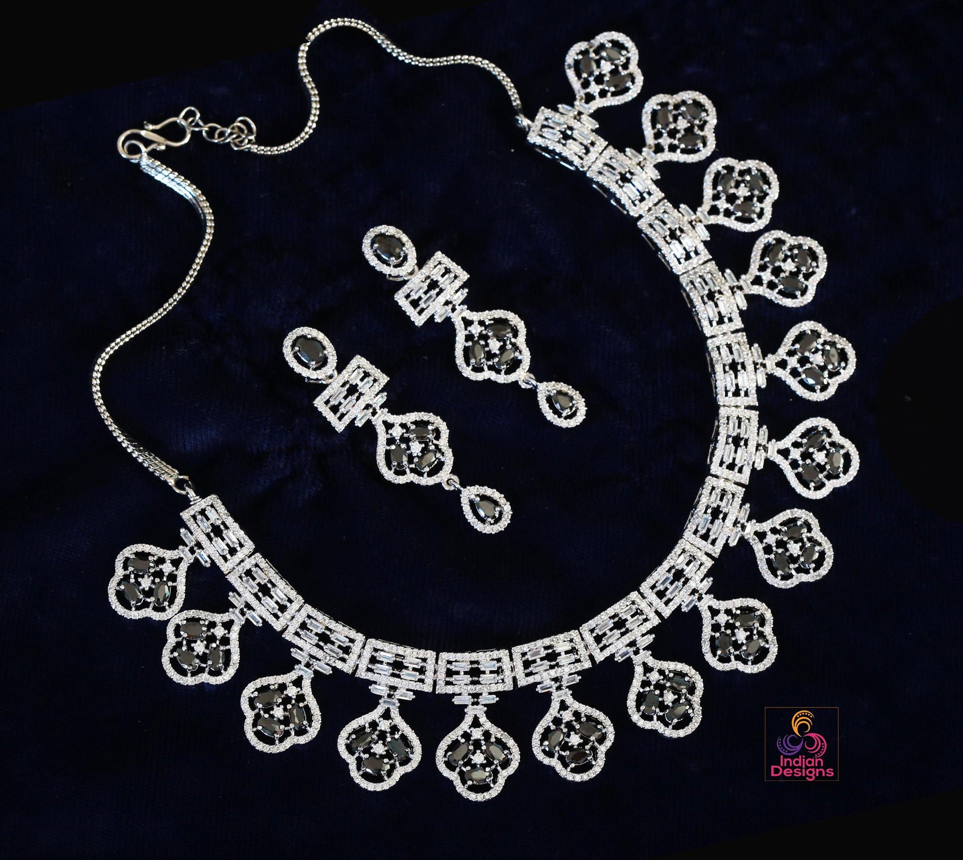Rhodium Plated Indian American Diamond Cubic Zirconia CZ Bridal Necklace with Matching Eardrops