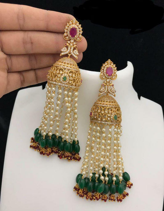 Long Pearl drop Gold Jhumka earrings with green beads| Bridal Jhumka Earrings| Ruby Emerald & pearl Large AD Jhumka|American Diamond Earring