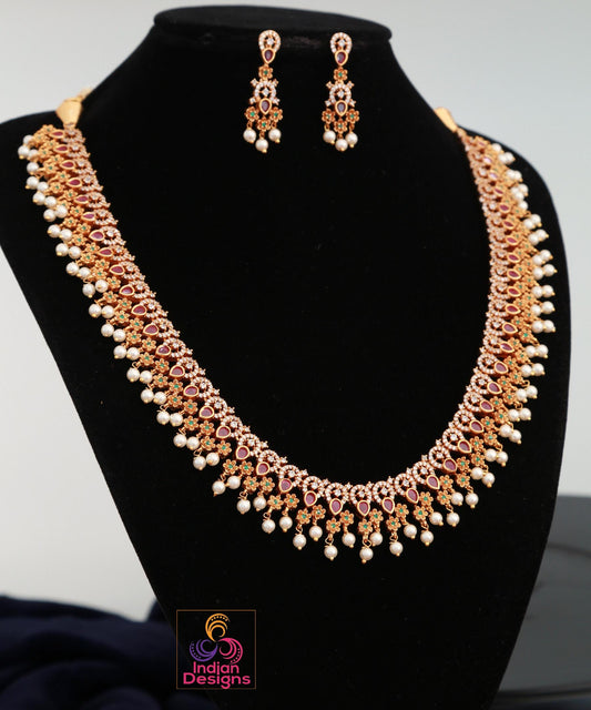 Gold Plated Ruby Green Flower Design Long necklace|South Indian Guttapusalu Necklace Earring set| Indian Bollywood Wedding Statement jewelry