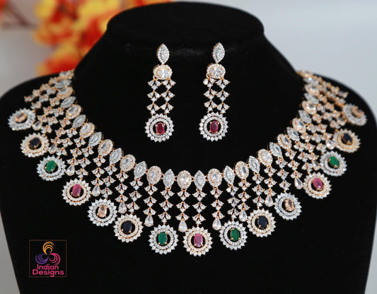 CZ Diamond Bridal choker Necklace Earring Set| Statement Wedding Necklace| American Diamond Choker set|Indian/Pakistani jewelry|Gift for her