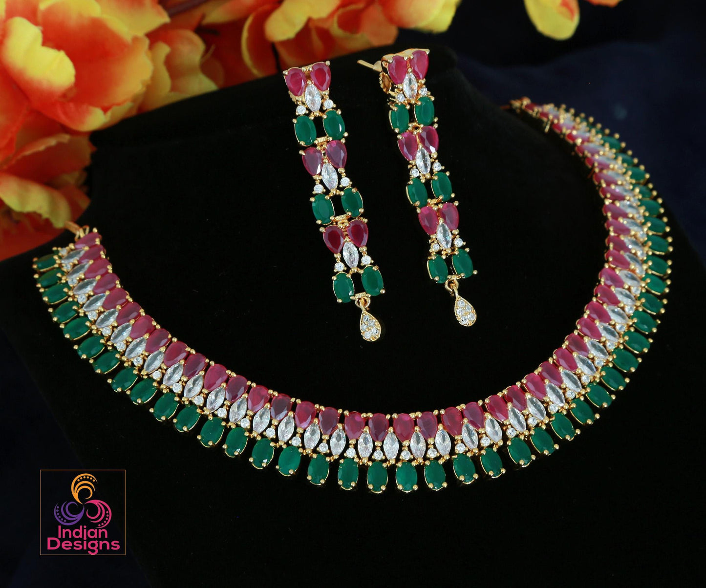 Gold Plated American Diamond Ruby-Emerald Necklace & Earrings| Cz Diamond Wedding Necklace set| Party wear South Indian Jewelry|Gift for her