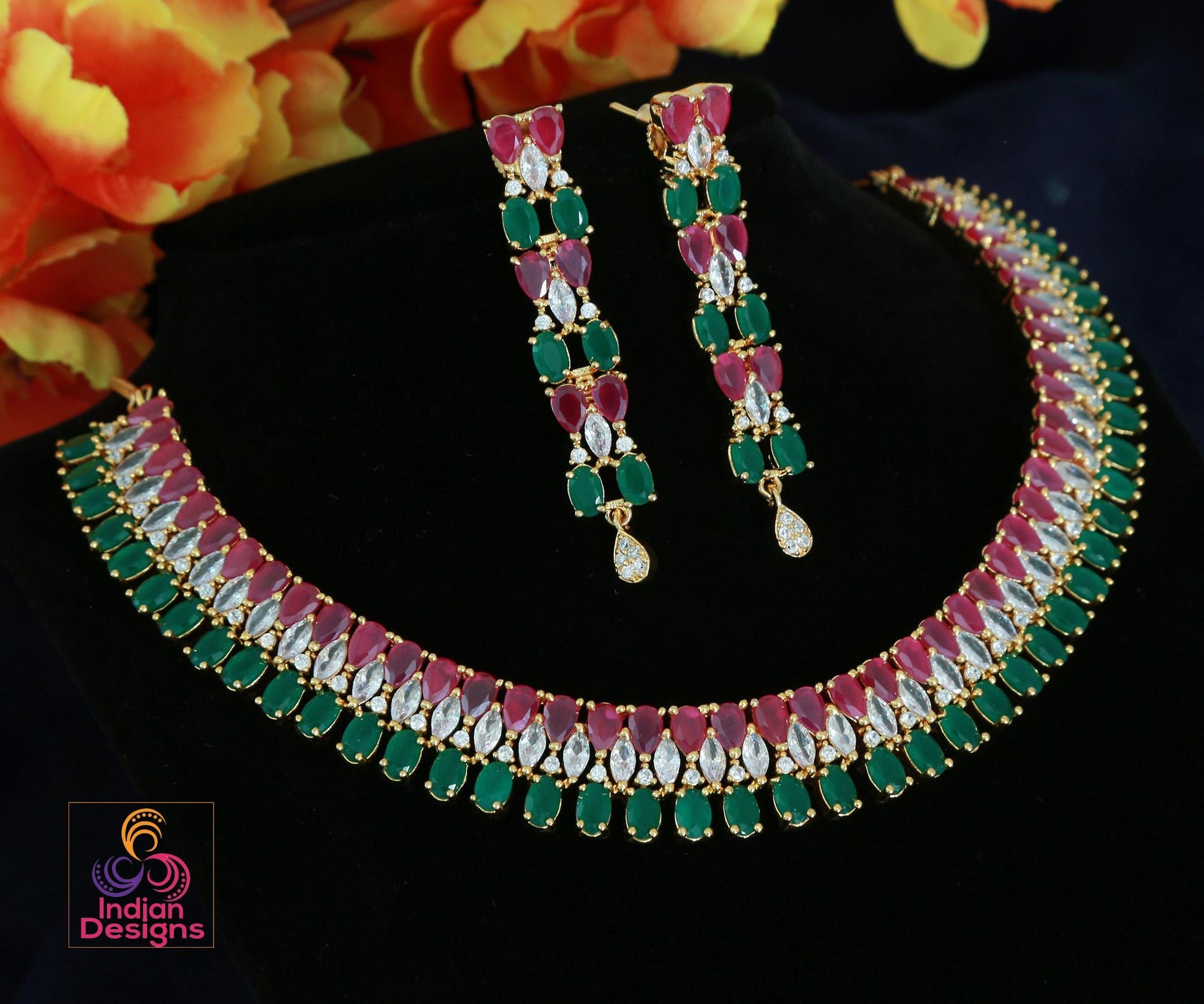 Gold Plated American Diamond Ruby-Emerald Necklace & Earrings| Cz Diamond Wedding Necklace set| Party wear South Indian Jewelry|Gift for her