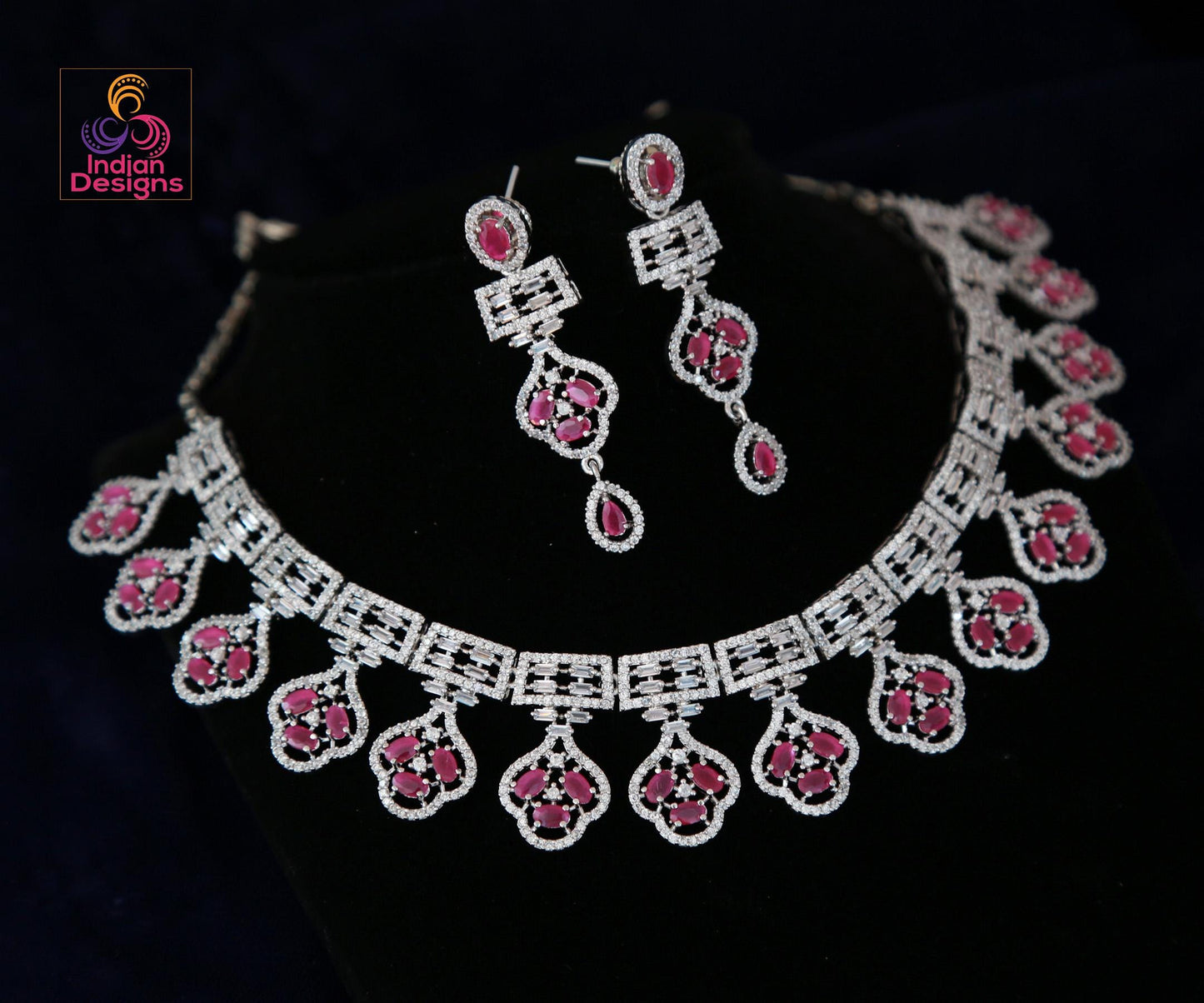 Rhodium Plated Indian American Diamond Cubic Zirconia CZ Bridal Necklace with Matching Eardrops