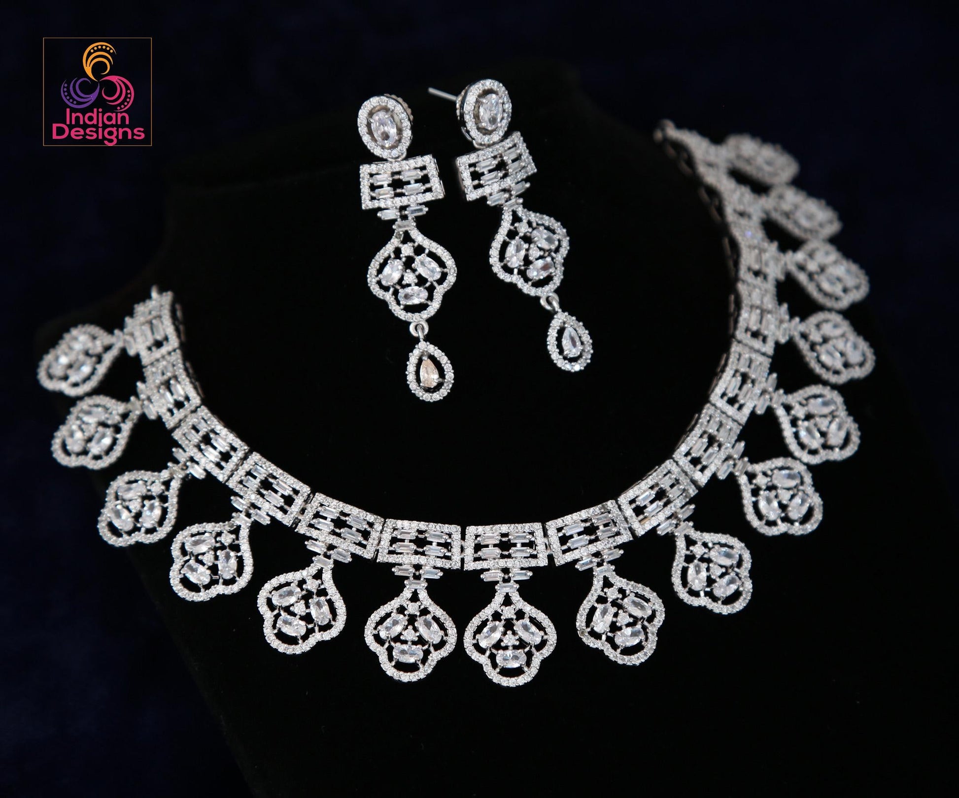 Rhodium Plated Indian American Diamond Cubic Zirconia CZ Bridal Necklace with Matching Eardrops