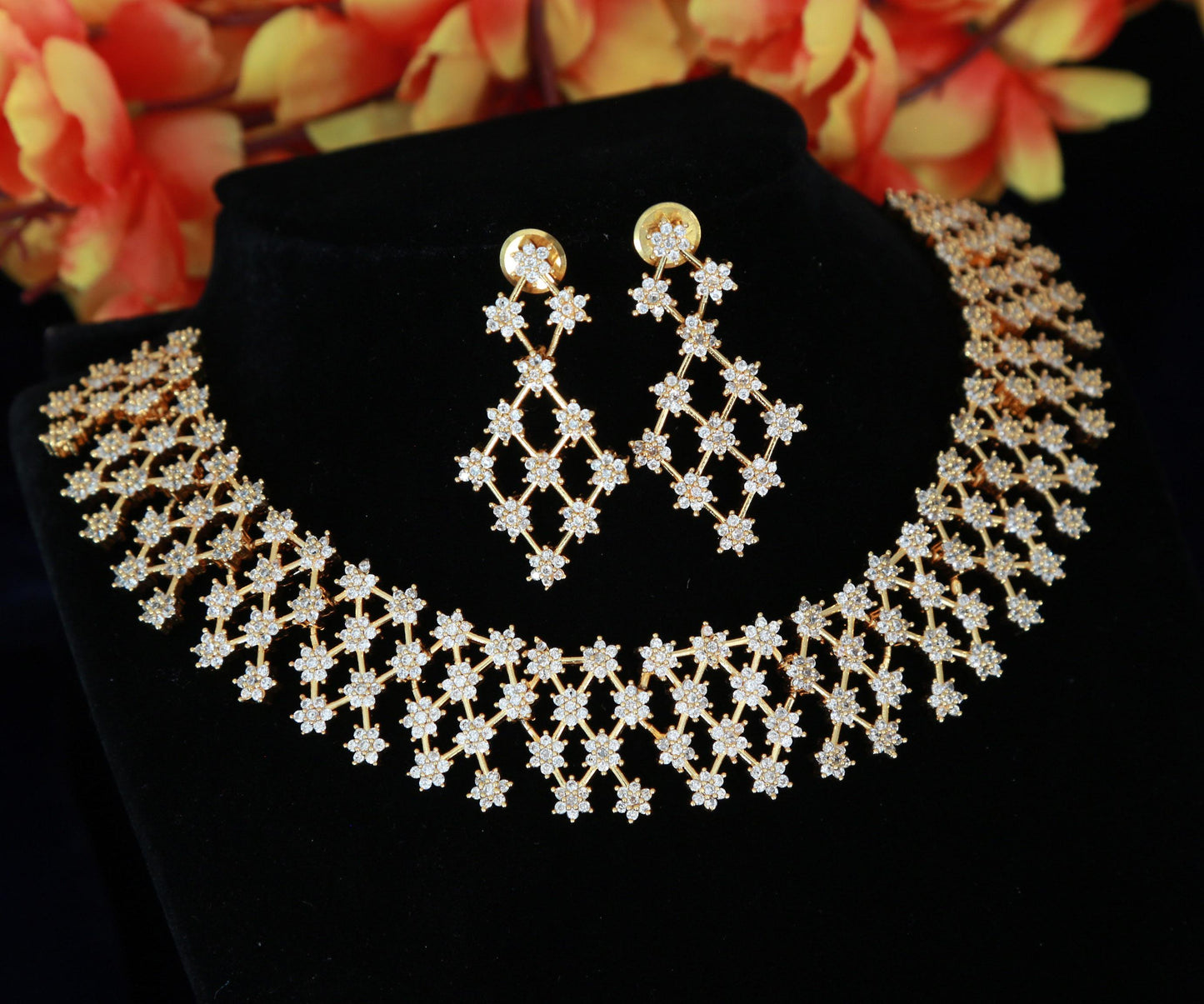 American Diamond Ruby Emerald Crystal star design gold choker necklace | Indian Bollywood Wedding Fashion Jewelry set | Statement Necklace