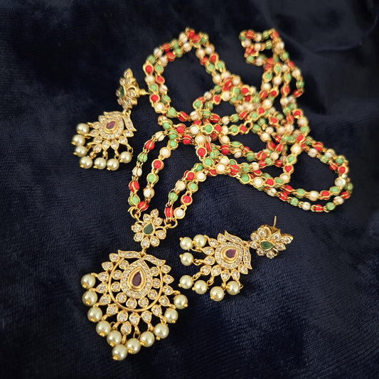 Matte Gold Plated Haram necklace and earring set with floral design|Traditional South Indian Jewelry|Bollywood Style CZ American Diamond Set