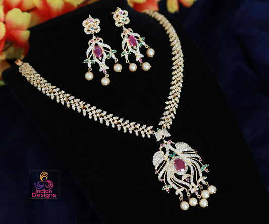 American Diamond Necklace Earring set Peacock Design |Gold Plated Peacock American Diamond Necklace with Ruby Emerald stones |Indian Jewelry