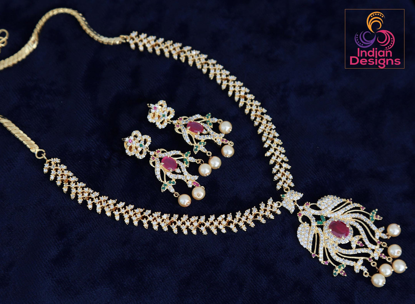 American Diamond Necklace Earring set Peacock Design |Gold Plated Peacock American Diamond Necklace with Ruby Emerald stones |Indian Jewelry