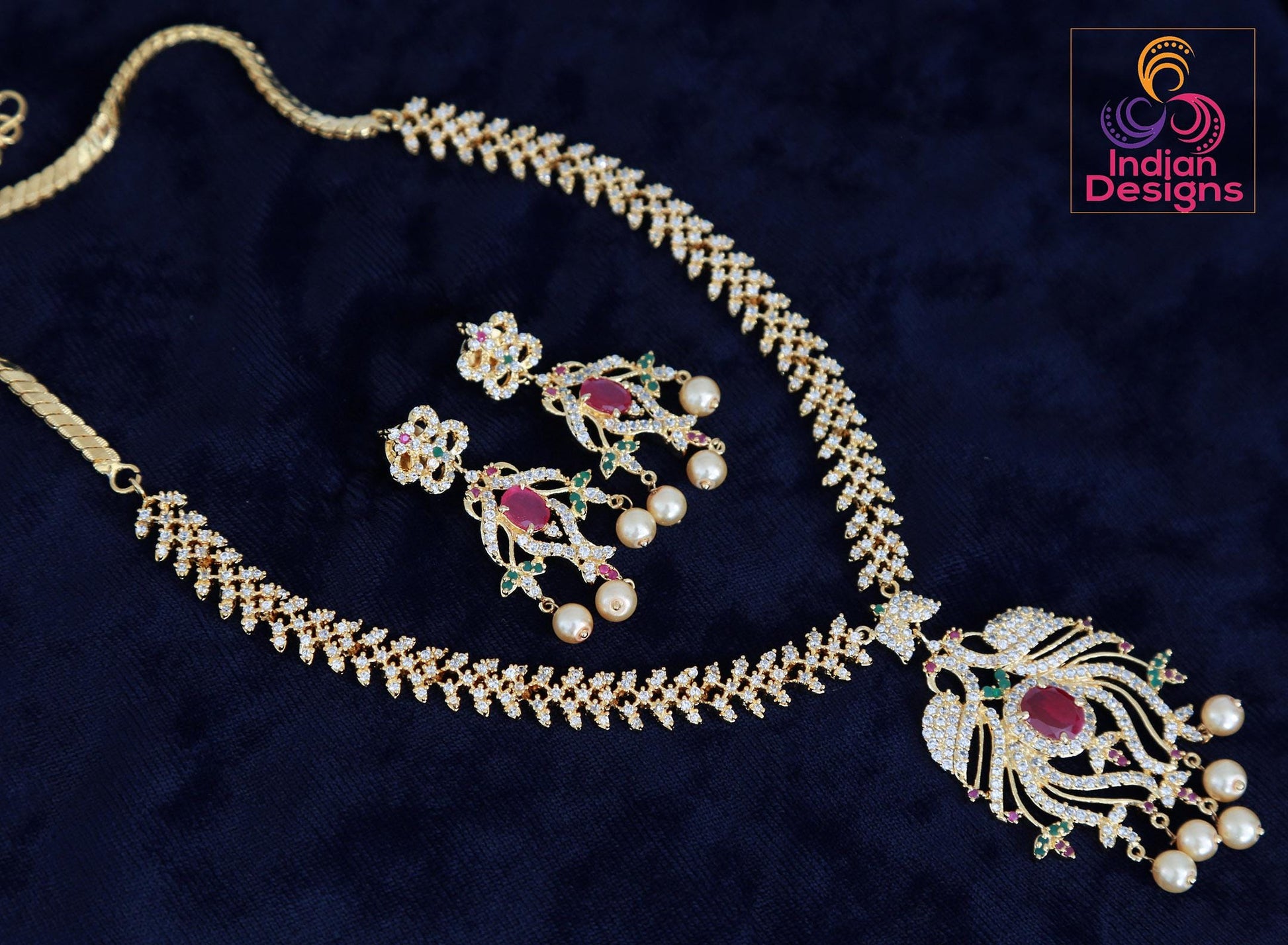 American Diamond Necklace Earring set Peacock Design |Gold Plated Peacock American Diamond Necklace with Ruby Emerald stones |Indian Jewelry