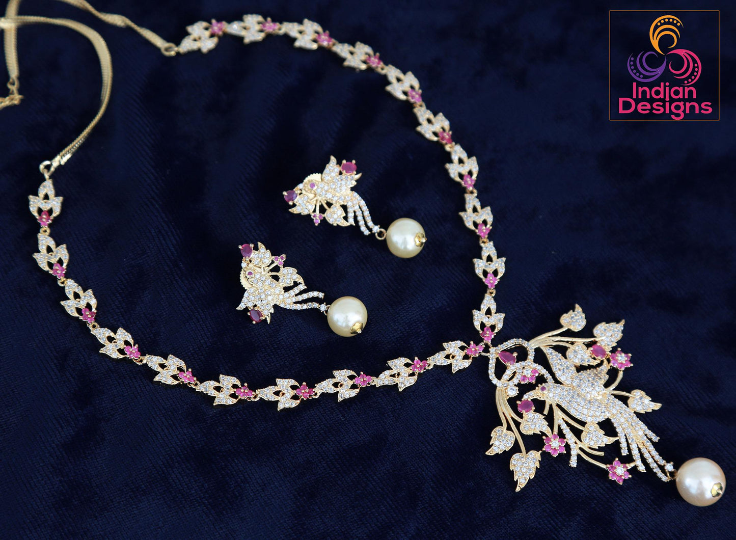 American Diamond Necklace Earring set Peacock Design |Gold Plated Peacock American Diamond Necklace with Ruby Emerald stones |Indian Jewelry