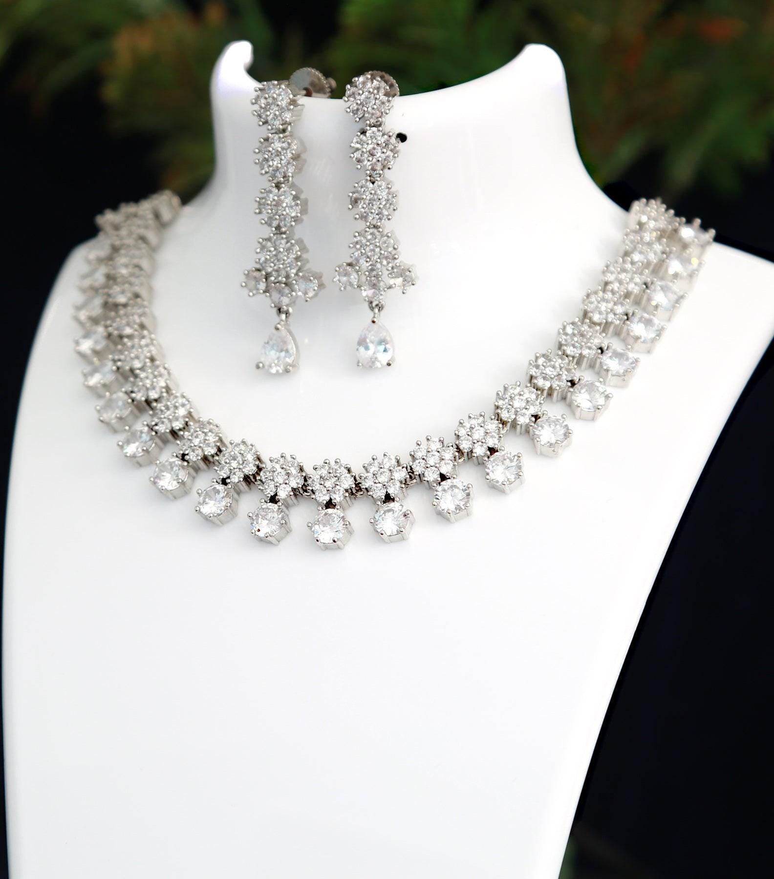 Silver CZ American Diamond necklace set | Color stone statement necklace | Necklace earrings for saree