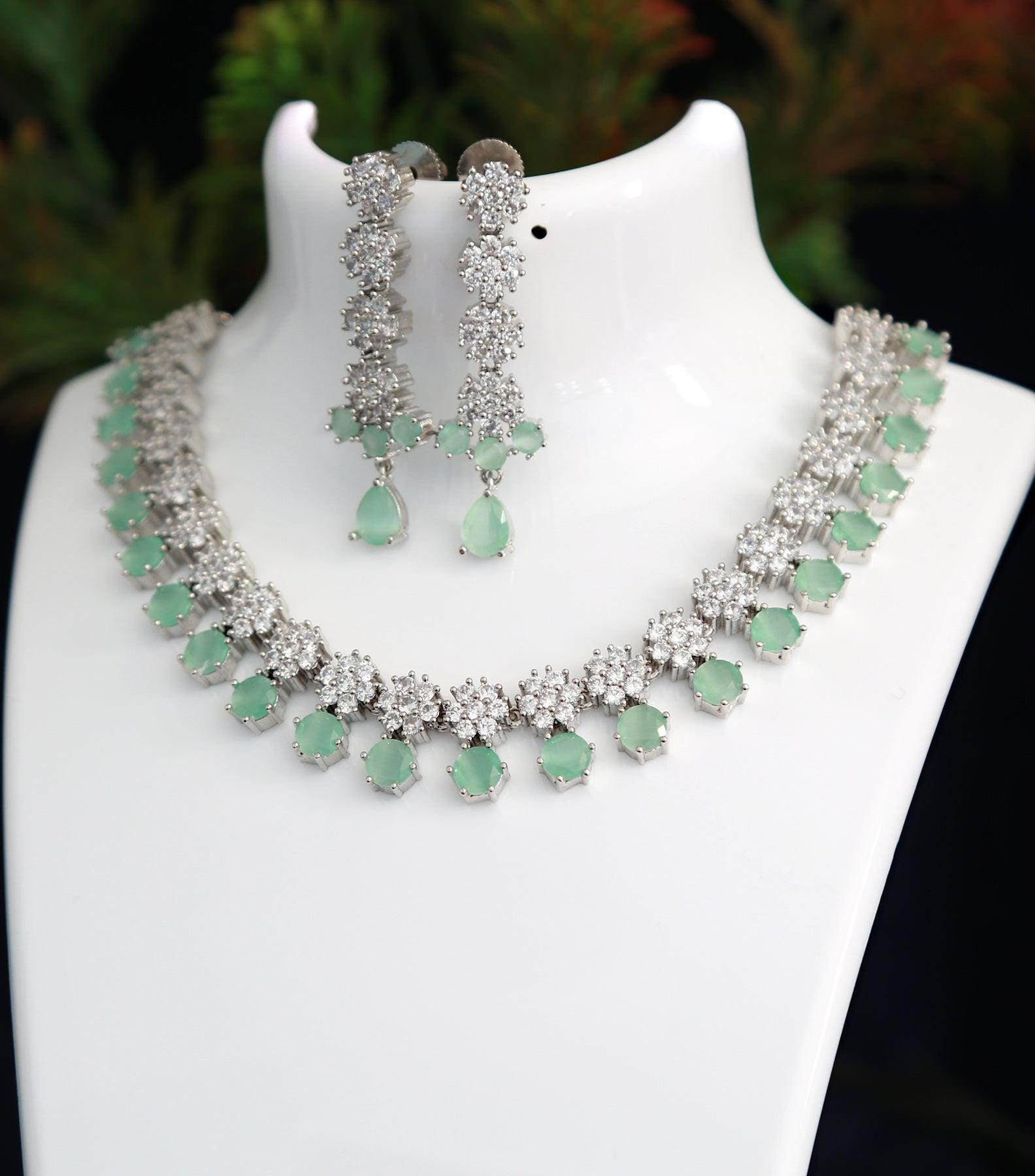Silver CZ American Diamond necklace set | Color stone statement necklace | Necklace earrings for saree