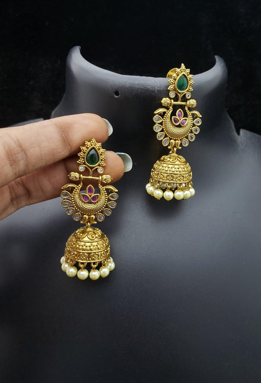 South Indian Style gold jhumka with green and Pink stones