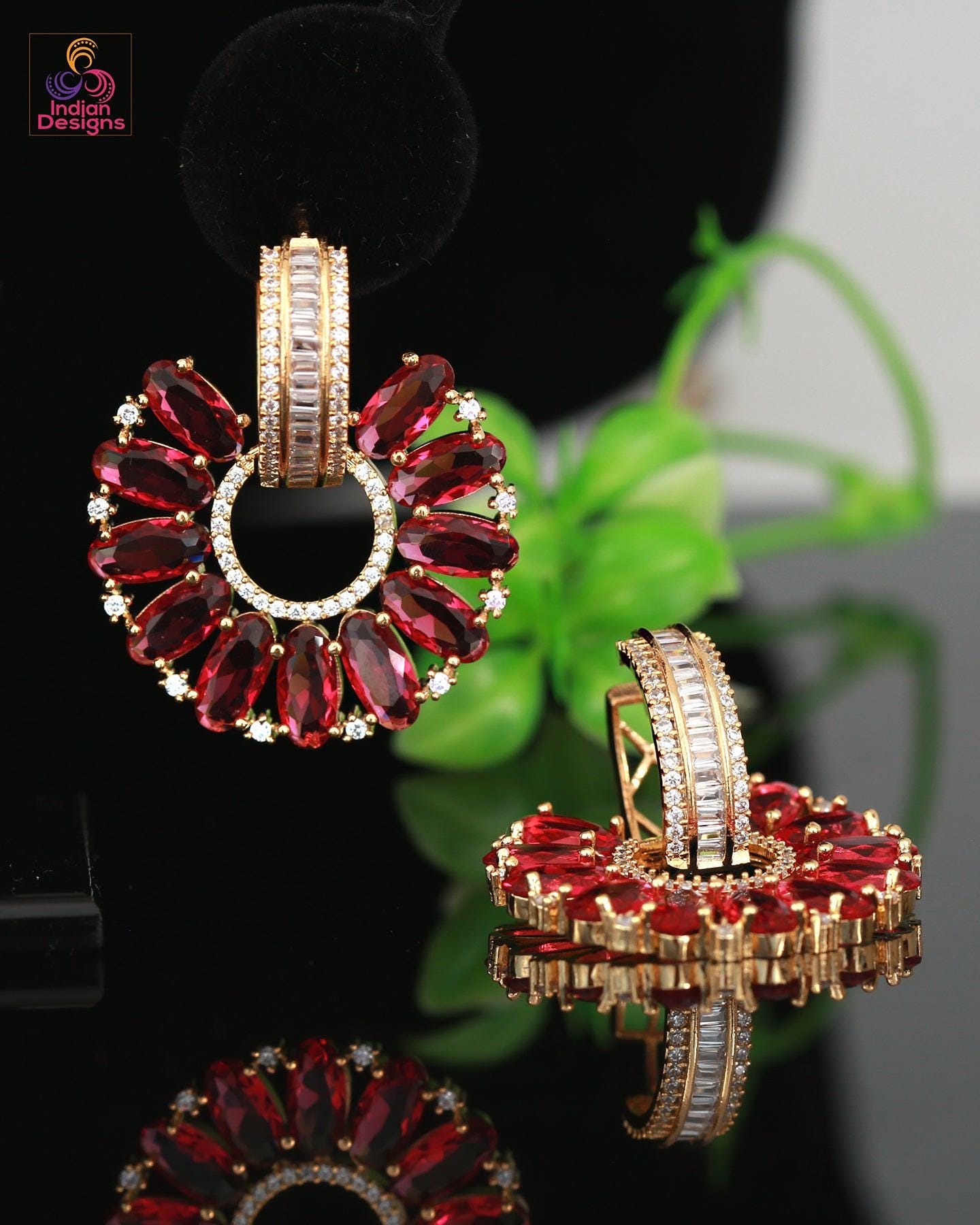 Pink and gold flower hoop earrings | American Diamond Luxury party Floral Earrings