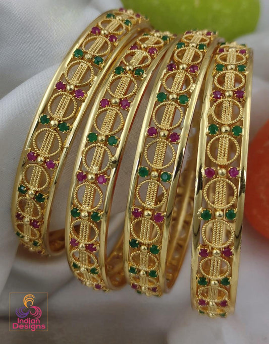 American Diamond Ruby Emerald bangle Set| Light-weight Stylish bangle set| AD stone gold bangles| South Indian wedding bangles| Gift for her