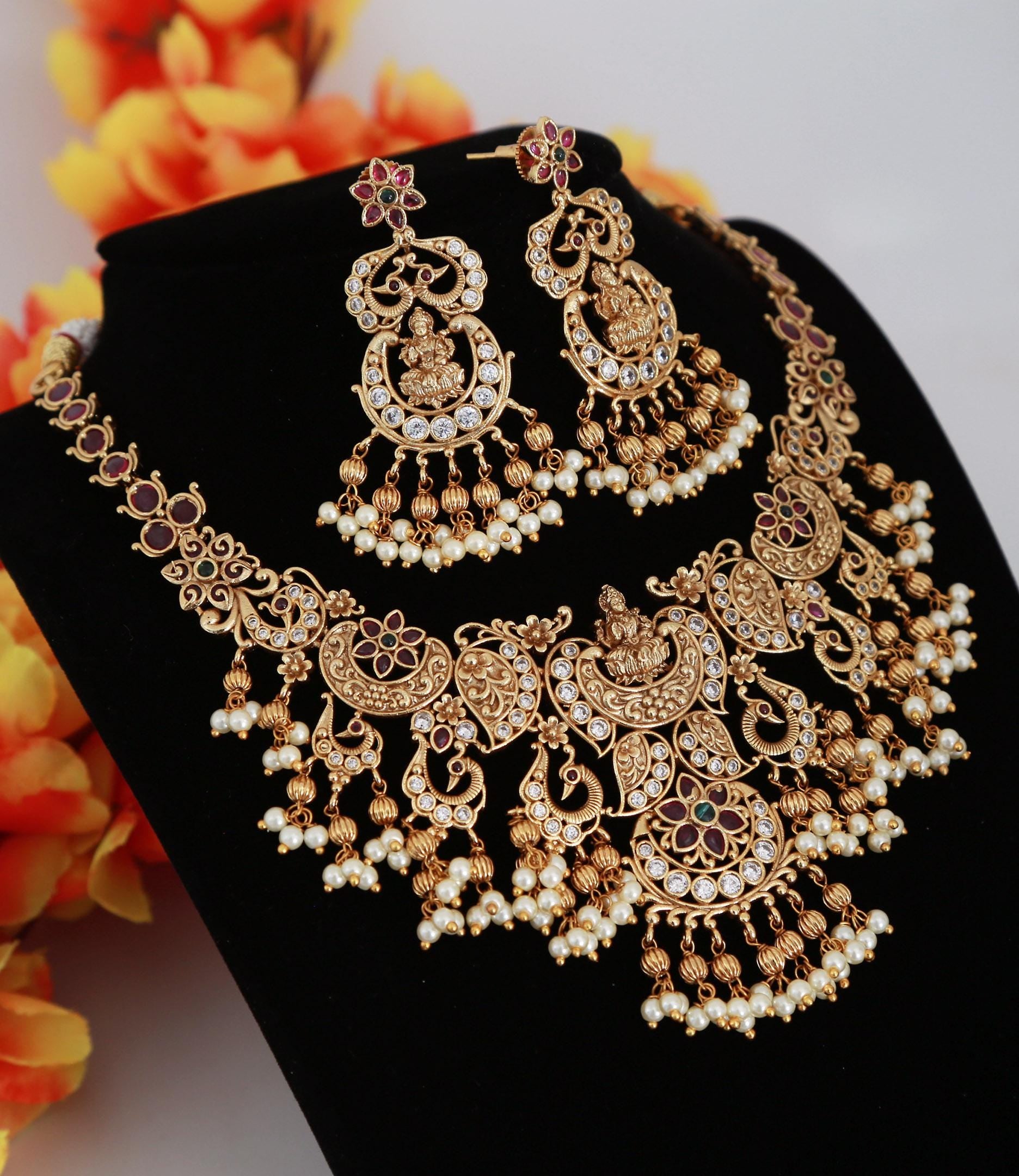 Gold Plated Guttapusalu Lakshmi Choker Necklace Set with Ruby & CZ Stones| Traditional Indian Jewelry| South Indian wedding temple Jewelry