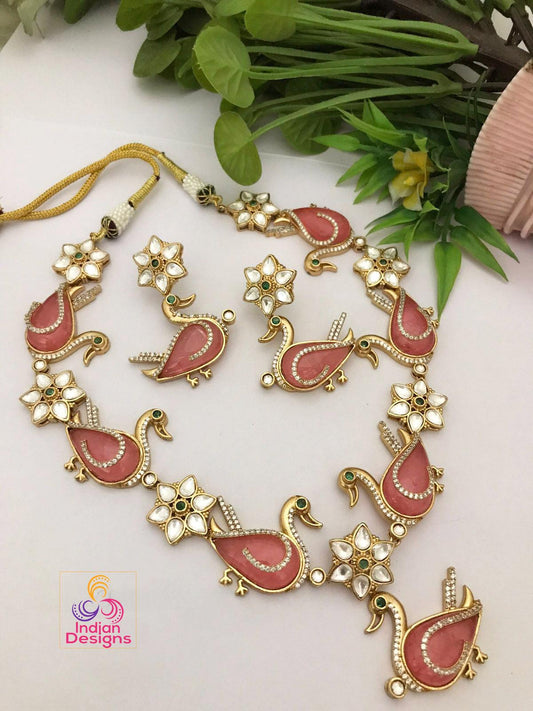 American Diamond Peacock Kundan necklace & Earrings| AD stone gold Floral kundan Indian Wedding Jewelry set| Statement Necklace|Gift for her