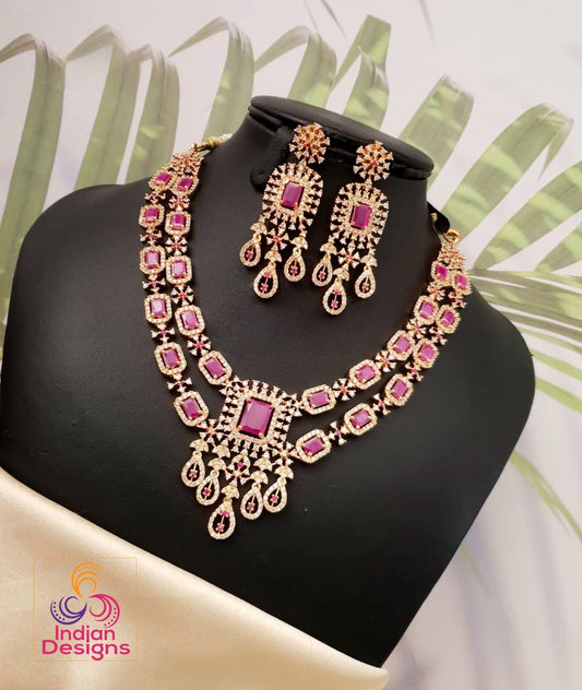 Exclusive Gold Plated American Diamond necklace with Emerald cut Ruby stones| Two layer AD necklace Indian Wedding jewelry set| Gift for her