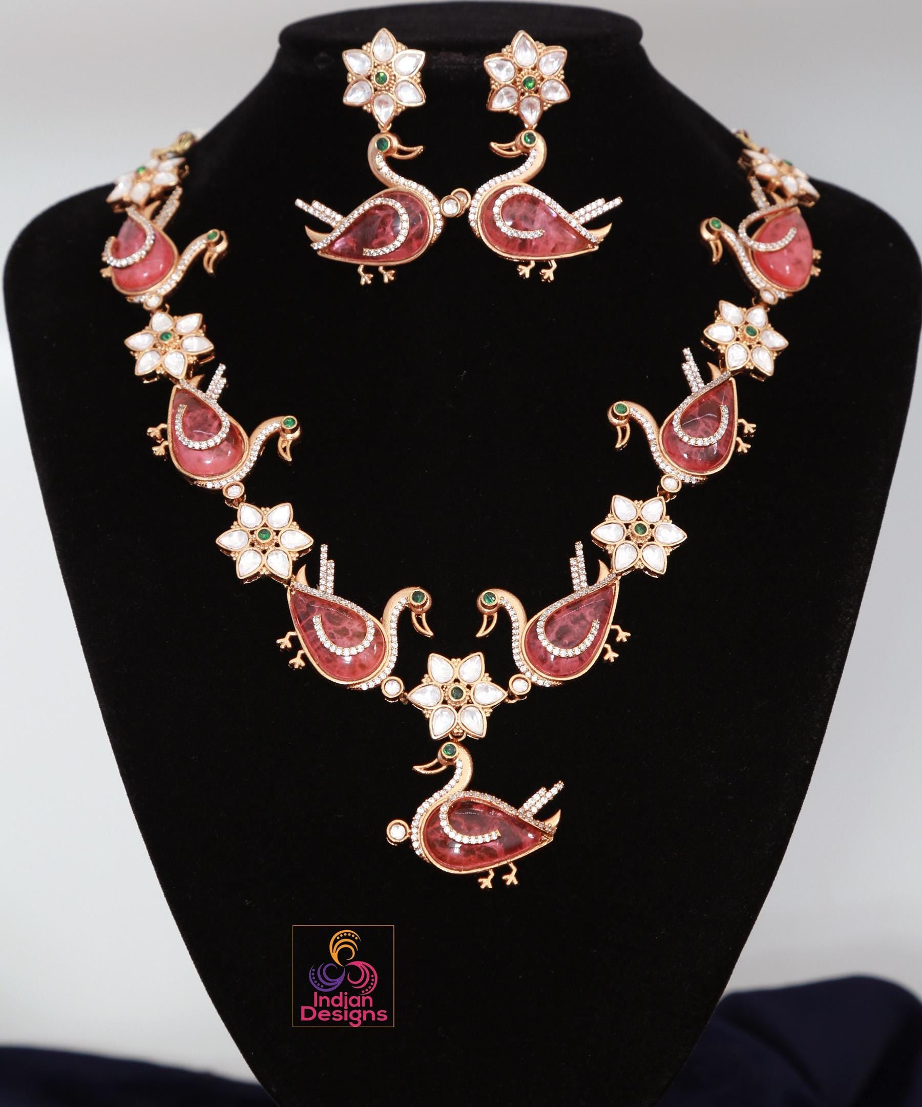 American Diamond Peacock Kundan necklace & Earrings| AD stone gold Floral kundan Indian Wedding Jewelry set| Statement Necklace|Gift for her