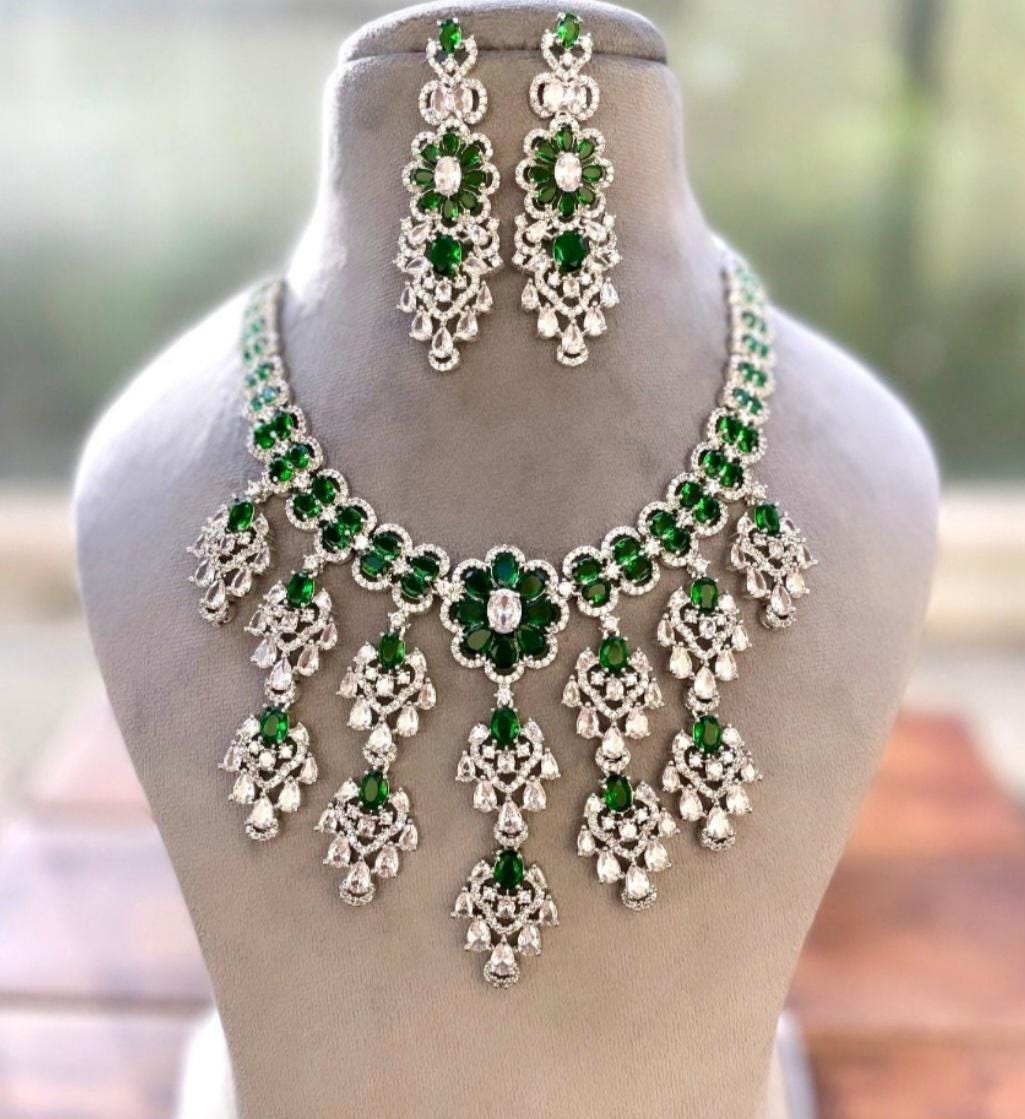 CZ Diamond Emerald Necklace Set| American Diamond Necklace set with floral design| Statement Jewelry| Bollywood Style Indian Wedding jewelry