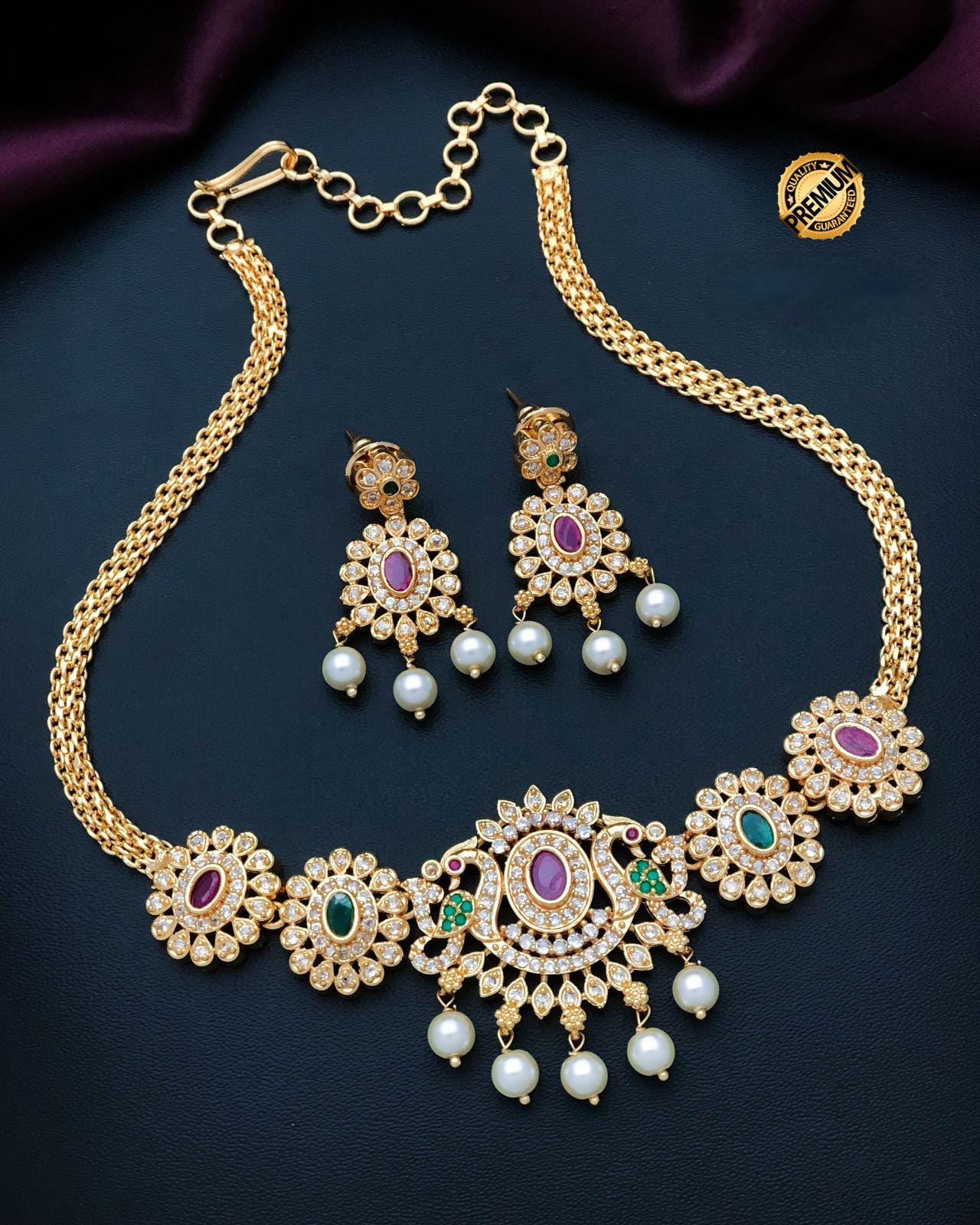 South Indian Style gold choker necklace designs| Peacock Pendant Choker necklace with Pearl drops and AD stones| American Diamond Necklace