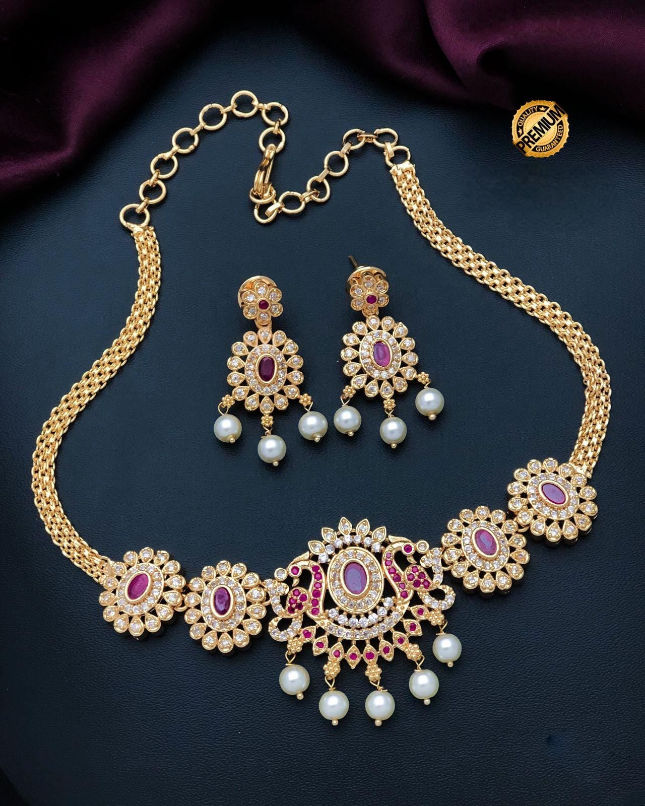 South Indian Style gold choker necklace designs| Peacock Pendant Choker necklace with Pearl drops and AD stones| American Diamond Necklace