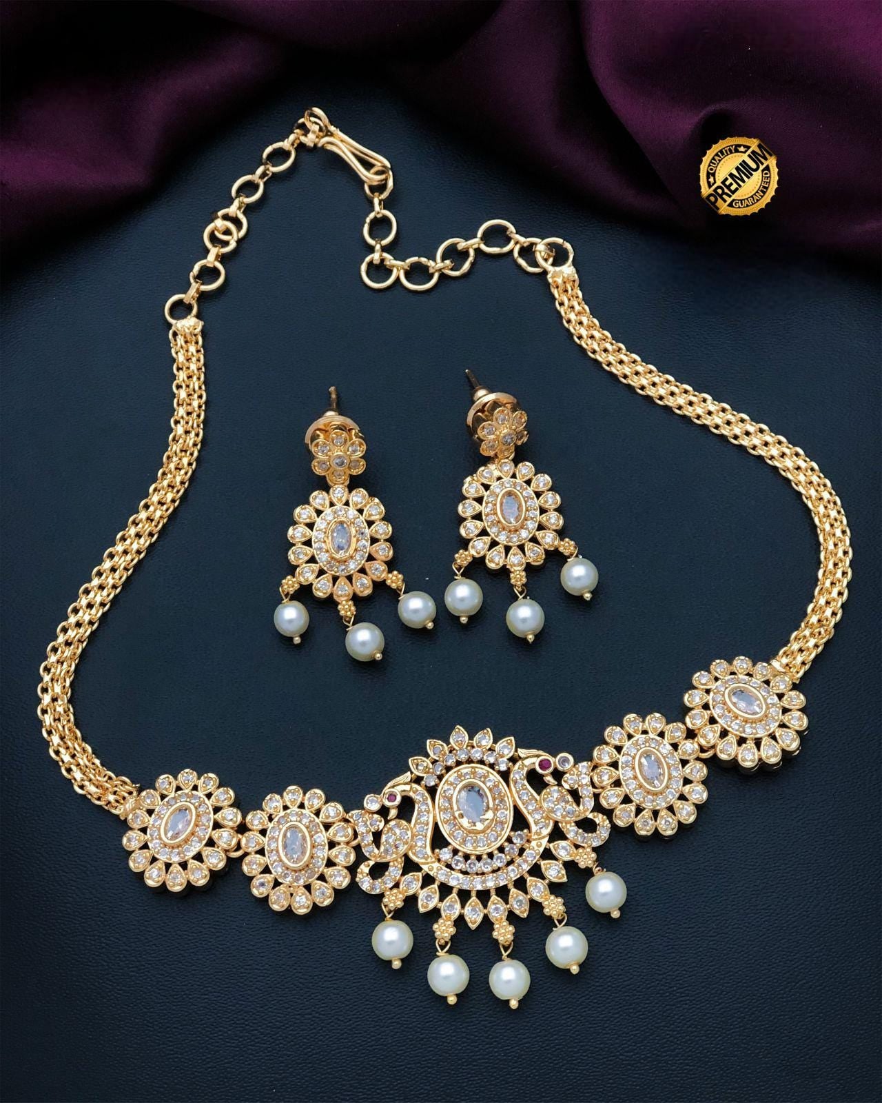 South Indian Style gold choker necklace designs| Peacock Pendant Choker necklace with Pearl drops and AD stones| American Diamond Necklace