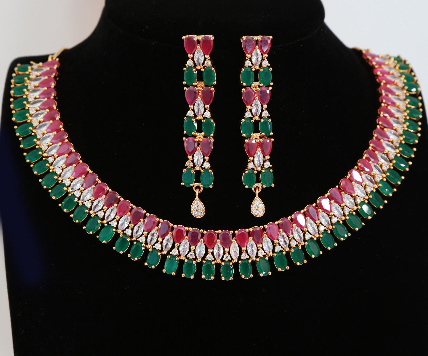 Gold Plated American Diamond Ruby-Emerald Necklace & Earrings| Cz Diamond Wedding Necklace set| Party wear South Indian Jewelry|Gift for her