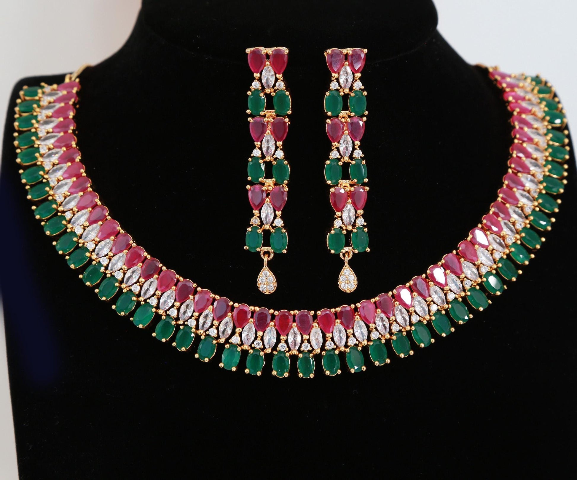 Gold Plated American Diamond Ruby-Emerald Necklace & Earrings| Cz Diamond Wedding Necklace set| Party wear South Indian Jewelry|Gift for her