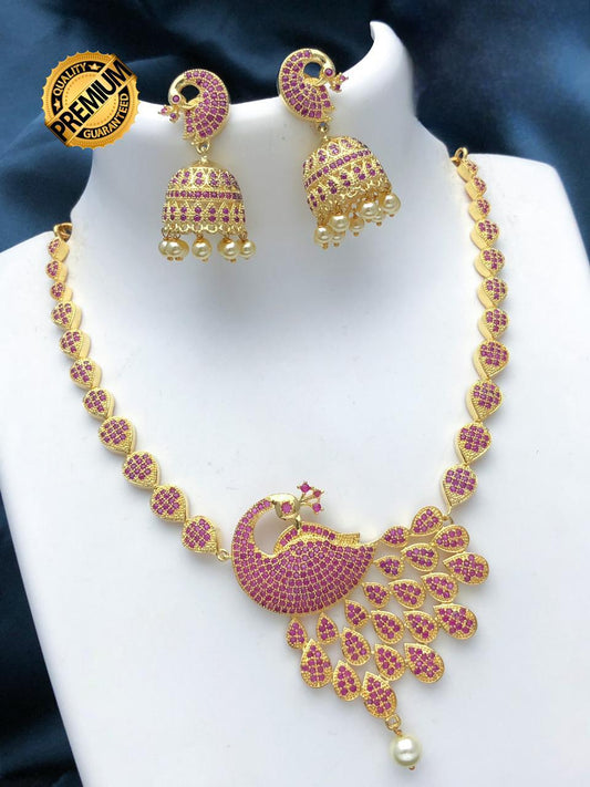 Peacock Design American Diamond Necklace Jhumka set |Gold Plated Peacock CZ American Diamond Necklace with stones |Indian Jhumka earrings