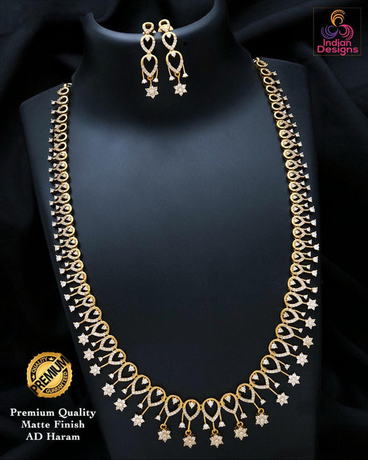 Matte Gold AD Haram Long necklace| South Indian Temple Wedding Jewelry star-shaped diamond haram| Bollywood fashion Jewelry| Gift for Her