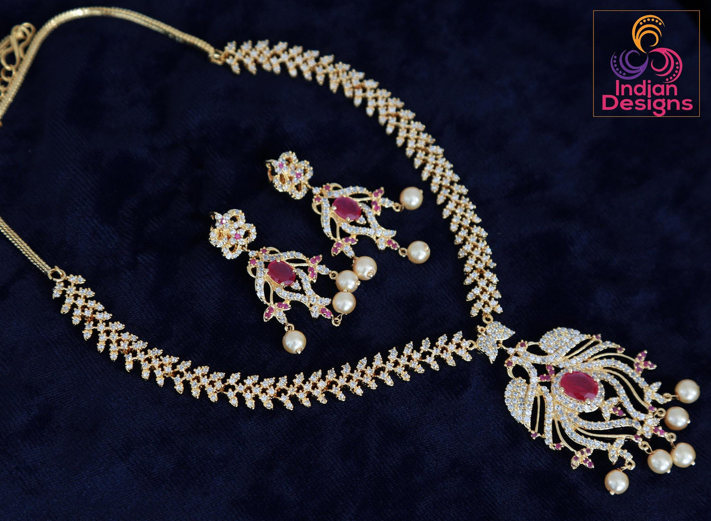 American Diamond Necklace Earring set Peacock Design |Gold Plated Peacock American Diamond Necklace with Ruby Emerald stones |Indian Jewelry