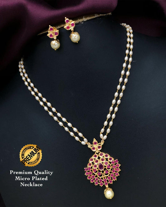 Gold Plated CZ Pendant Necklace & Earrings set| Dual stranded Pearl chain| South Indian Jewelry set| One Gram Gold Jewelry| Gift for her