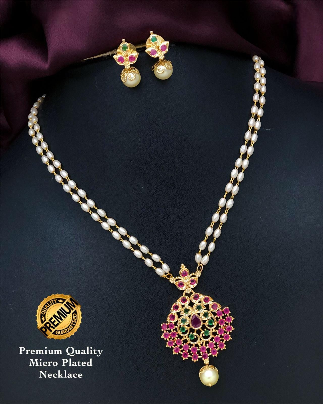 Gold Plated CZ Pendant Necklace & Earrings set| Dual stranded Pearl chain| South Indian Jewelry set| One Gram Gold Jewelry| Gift for her