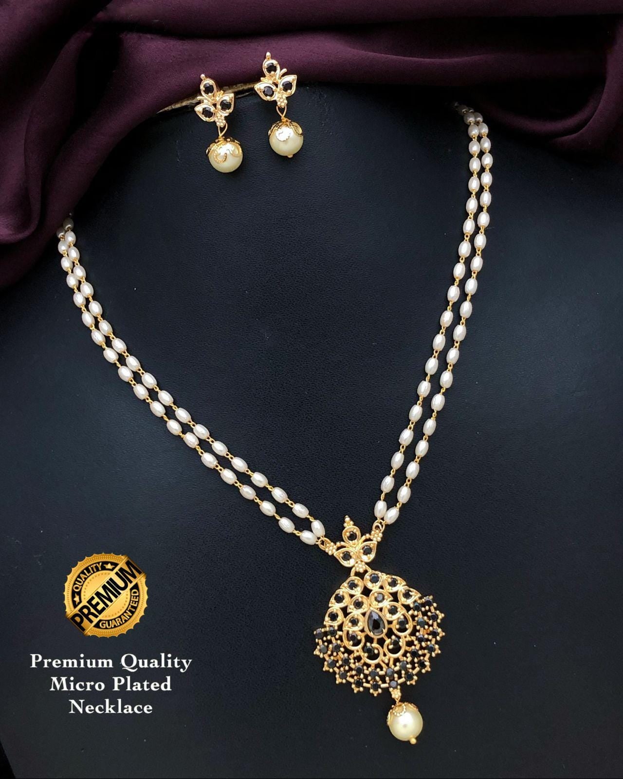 Gold Plated CZ Pendant Necklace & Earrings set| Dual stranded Pearl chain| South Indian Jewelry set| One Gram Gold Jewelry| Gift for her