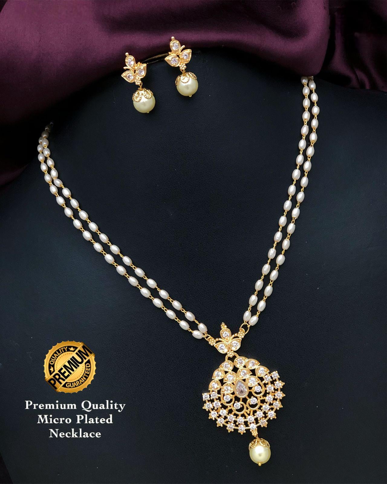 Gold Plated CZ Pendant Necklace & Earrings set| Dual stranded Pearl chain| South Indian Jewelry set| One Gram Gold Jewelry| Gift for her