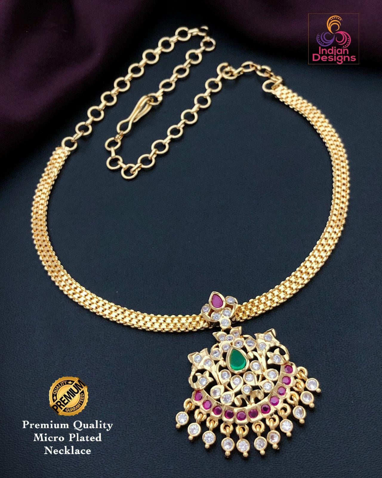 Gold Plated Ruby Emerald Attigai necklace set| American Diamond CZ Choker Simple necklace| Indian jewelry| South Indian Style| Gift for her