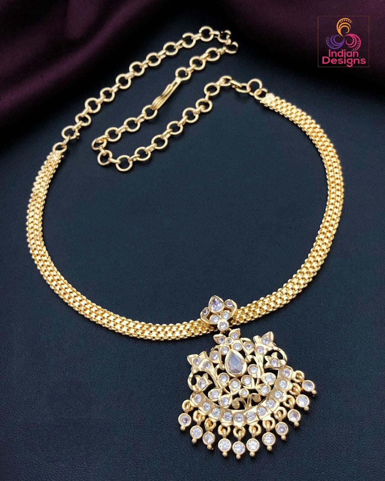 Gold Plated Ruby Emerald Attigai necklace set| American Diamond CZ Choker Simple necklace| Indian jewelry| South Indian Style| Gift for her