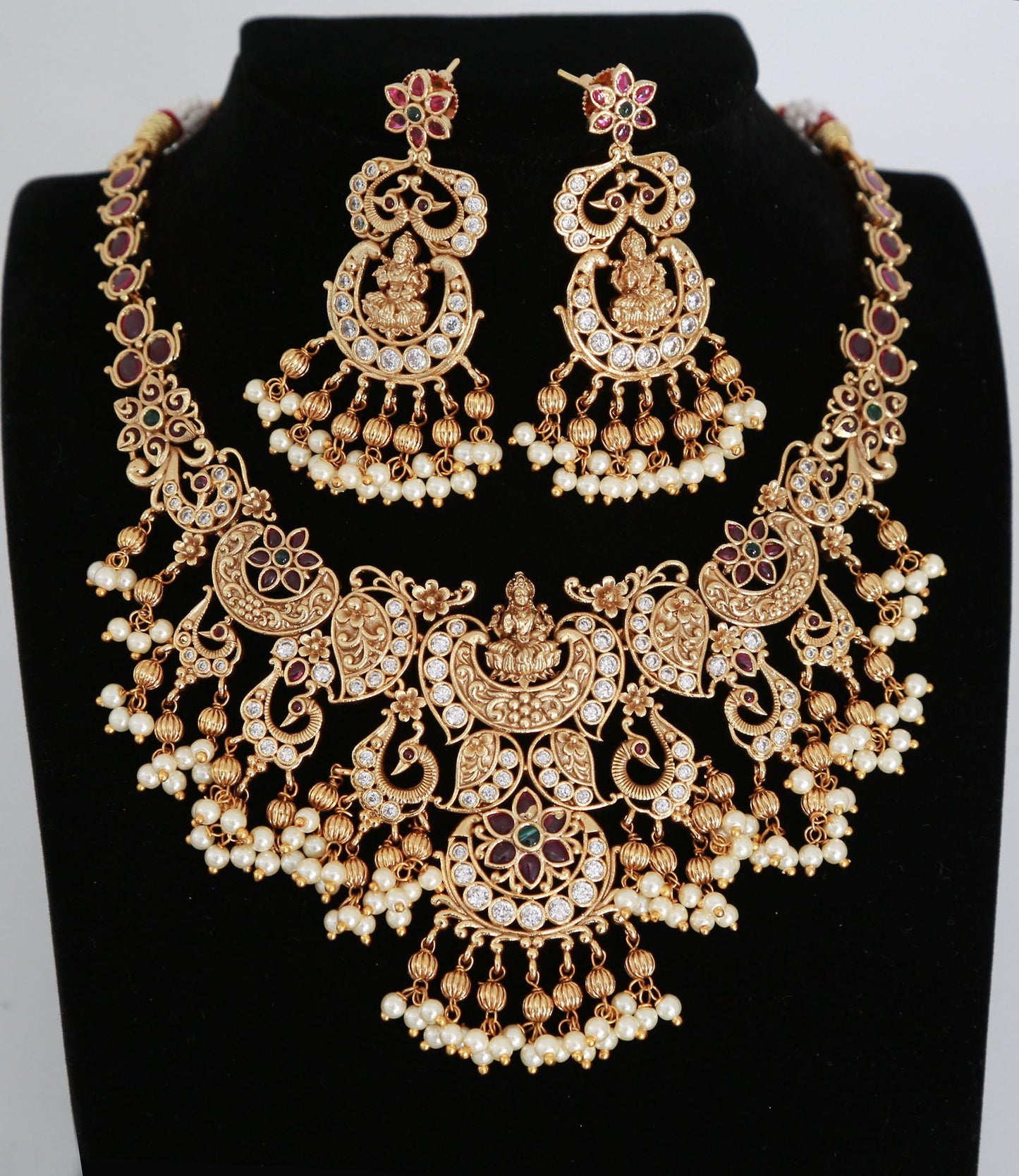 Gold Plated Guttapusalu Lakshmi Choker Necklace Set with Ruby & CZ Stones| Traditional Indian Jewelry| South Indian wedding temple Jewelry