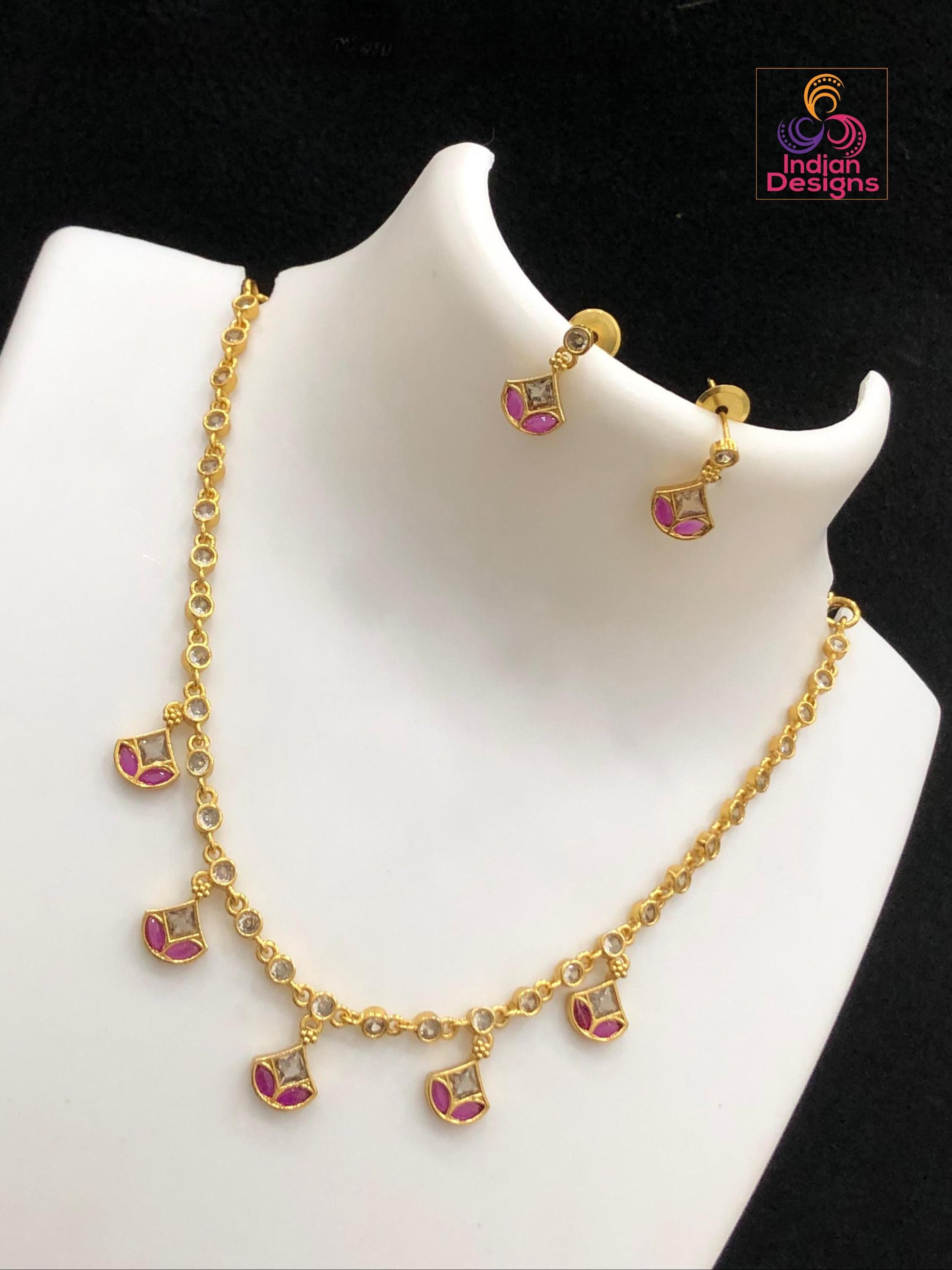 Gold Plated Minimalist CZ necklace set with earrings| Simple Stylish Necklace And Earrings| Ruby and green Indian jewelry|South Indian style