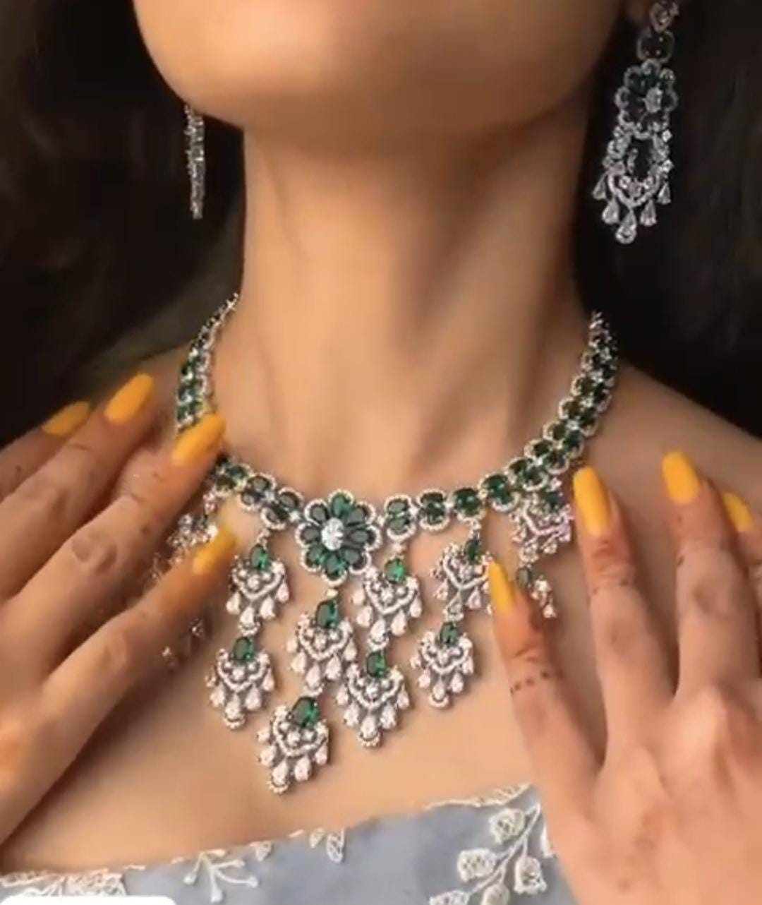 CZ Diamond Emerald Necklace Set| American Diamond Necklace set with floral design| Statement Jewelry| Bollywood Style Indian Wedding jewelry