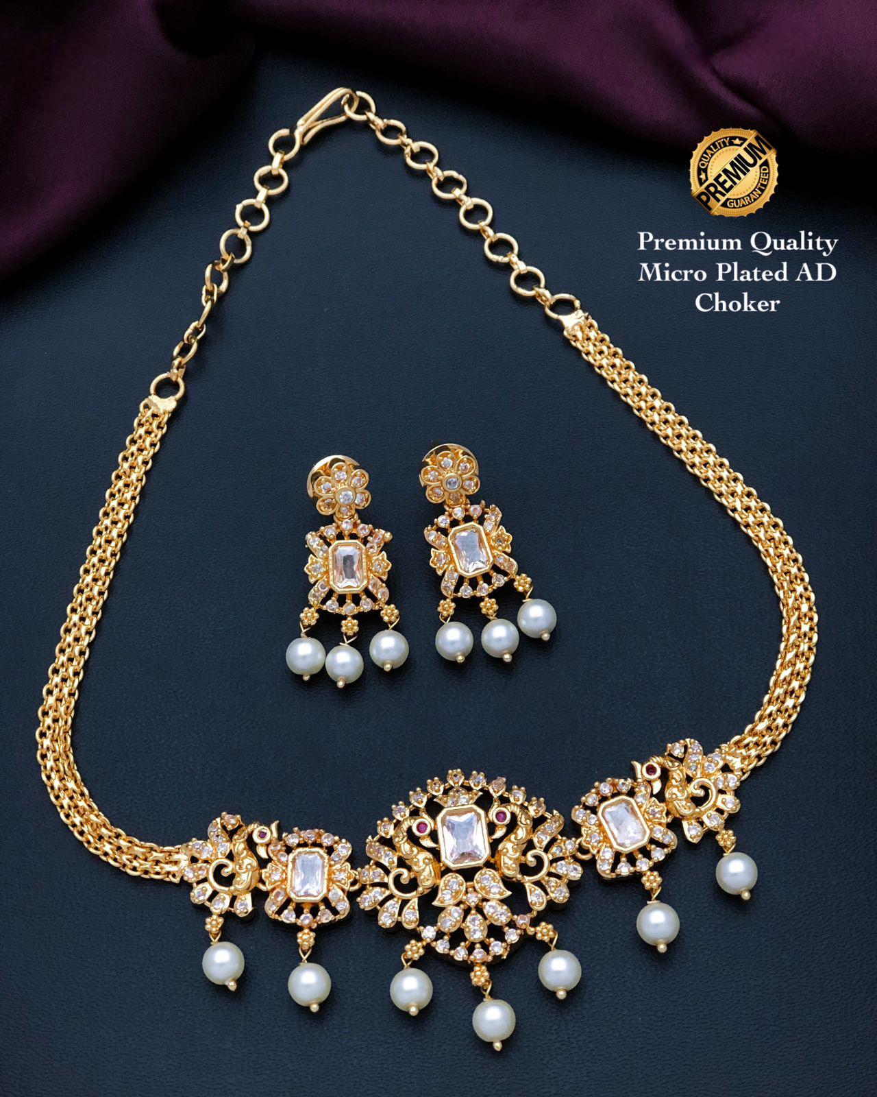 South Indian Style gold choker necklace designs| Peacock Pendant Choker necklace with Pearl drops and AD stones| American Diamond Necklace