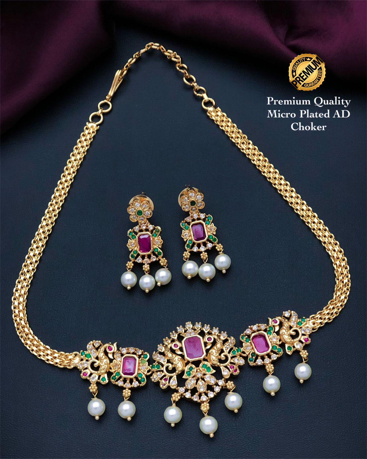 South Indian Style gold choker necklace designs| Peacock Pendant Choker necklace with Pearl drops and AD stones| American Diamond Necklace