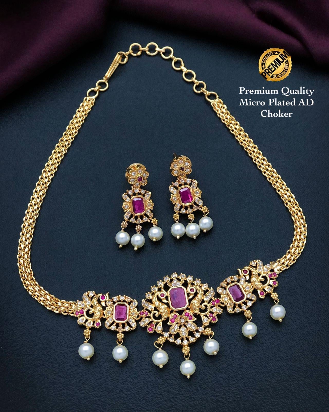 South Indian Style gold choker necklace designs| Peacock Pendant Choker necklace with Pearl drops and AD stones| American Diamond Necklace