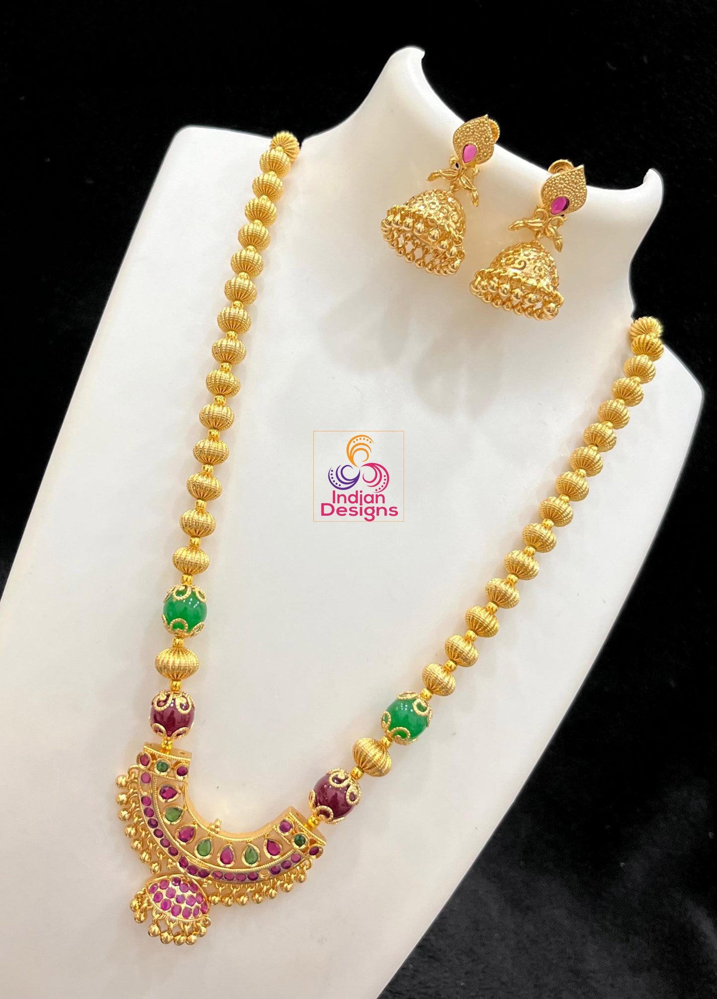 Gold Plated Long American Diamond Necklace | Ruby and Emerald crystal Fashion jewelry set | Ad long Necklace | Multi color crystal necklace