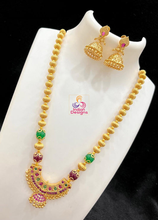 Gold Plated Long American Diamond Necklace | Ruby and Emerald crystal Fashion jewelry set | Ad long Necklace | Multi color crystal necklace