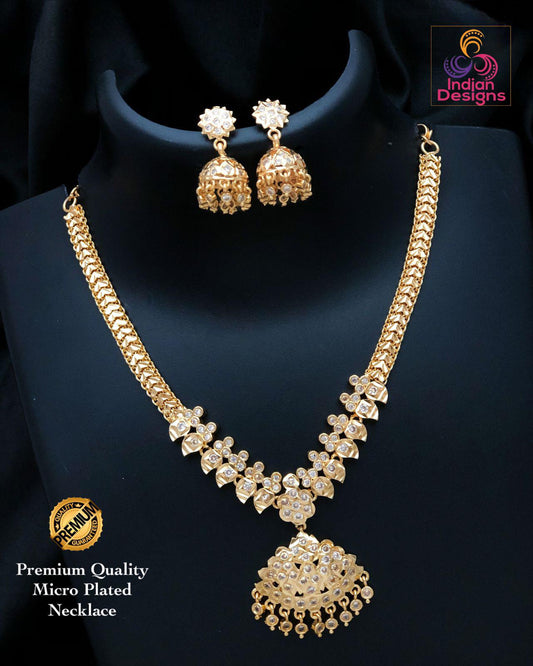 Gold-Plated Attigai Necklace with CZ Stones & Jhumka Earrings| American Diamond CZ Nec set| South Indian style Simple Necklace| gift for her